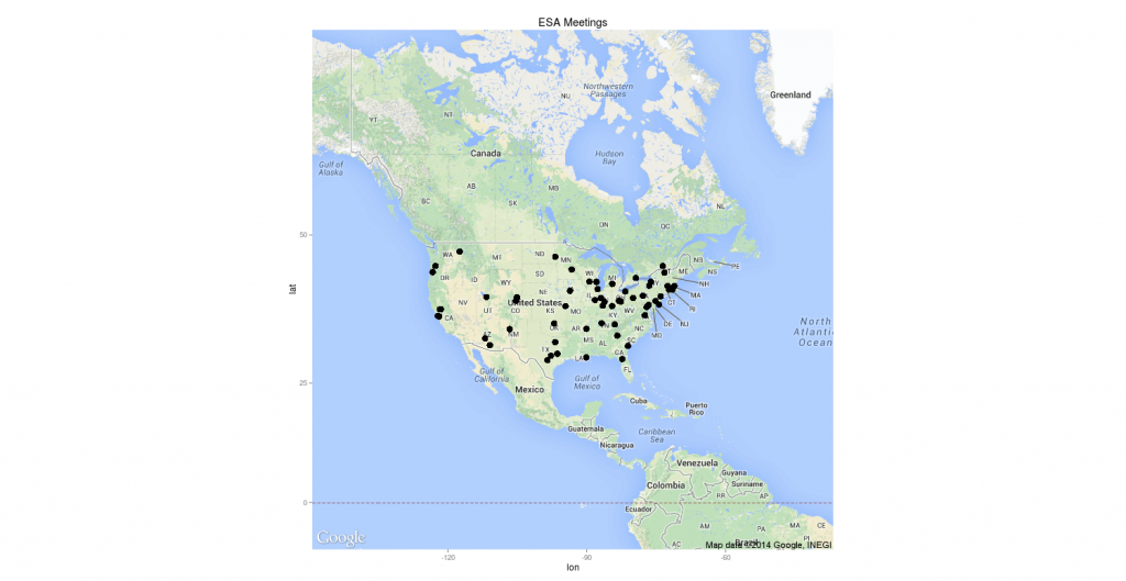 Locations of all Annual Meetings of the Ecological Society of America